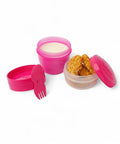 Banana Happy Cup 500 ml snack container with 2 cups, one holding dip and the other chicken nuggets. Includes a pink fork-spoon.
شوكه و معلقه ، علبه سناكس ، كب زبادى