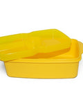 Banana yellow 1.5L lunch box with removable splitter, steam vent, and included cutlery set.