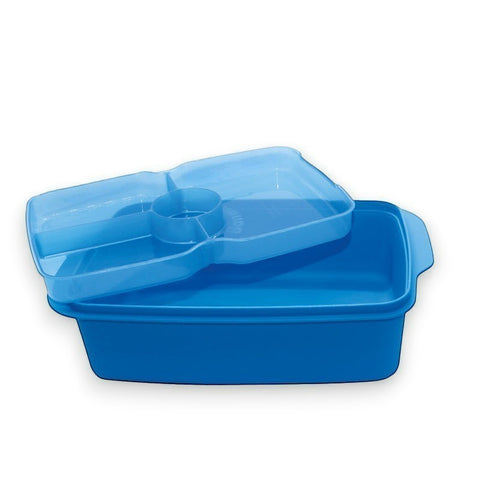 Banana 1.5L blue plastic lunch box with removable splitter and clear lid with steam vent