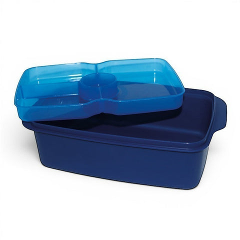Banana 1.5L lunch box in dark blue with a transparent blue lid and removable splitter. Made from food-approved PP.
