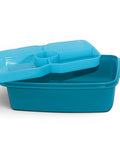 Banana 1.5L teal lunch box with removable blue splitter and steam vent. Includes cutlery set.