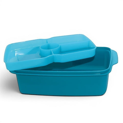 Banana 1.5L teal lunch box with removable blue splitter and steam vent. Includes cutlery set.
