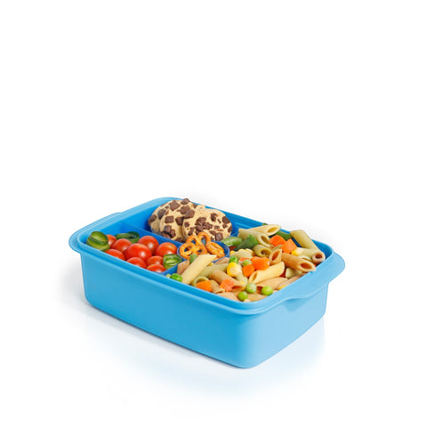 Blue Banana 1.5L lunch box with removable splitter, filled with pasta, vegetables, cherry tomatoes, pretzels, and cookies.