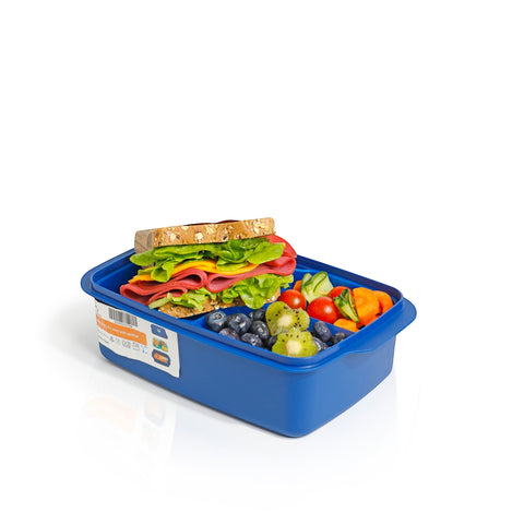 Banana 1.5L blue lunch box with removable splitter, filled with a sandwich, blueberries, kiwi, cherry tomatoes, cucumber, and carrots.