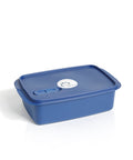 Banana 1.5L blue lunch box with removable splitter, steam vent, and gift cutlery set. Food-safe PP.