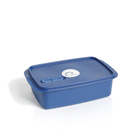 Banana 1.5L blue lunch box with removable splitter, steam vent, and gift cutlery set. Food-safe PP.