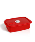 Banana red 1.5L lunch box with removable splitter, steam vent, and gift cutlery set. Food-safe PP.
