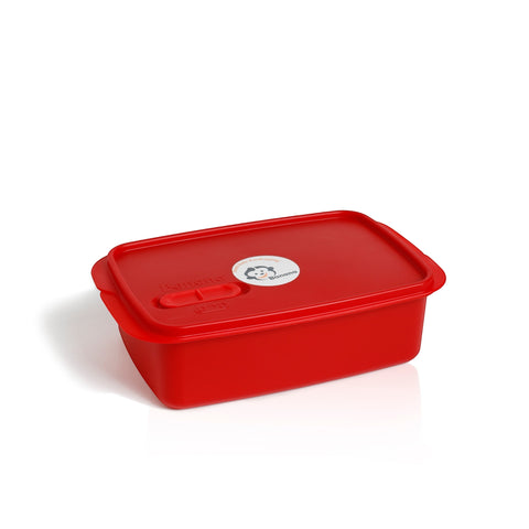 Banana red 1.5L lunch box with removable splitter, steam vent, and gift cutlery set. Food-safe PP.
