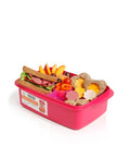 Banana 1.5L pink lunch box with removable splitter, filled with a sandwich, fruit, and snacks. Includes cutlery.
