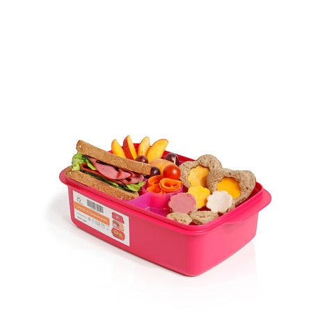 Banana 1.5L pink lunch box with removable splitter, filled with a sandwich, fruit, and snacks. Includes cutlery.
