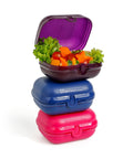 Banana 3-piece set of 600ml food-grade PP plastic lunch boxes in purple, blue, and pink. Hinged lid, microwave & dishwasher safe.
لانش بوكس سناكس و خضروات و فاكهه