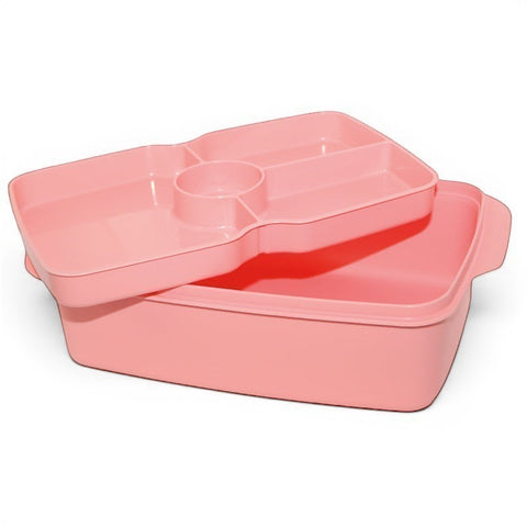 Banana pink plastic lunch box with 1.5L capacity and removable splitter, featuring a steam vent.
