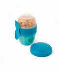 BananaHere 500ml snack cup with blue fork-spoon combo, clear lid, and separate blue lid. Holds snacks like nuts and sliced eggs.
شوكه و معلقه ، علبه سناكس ، كب زبادى
علبه سلطه ، علبة ثلاجه